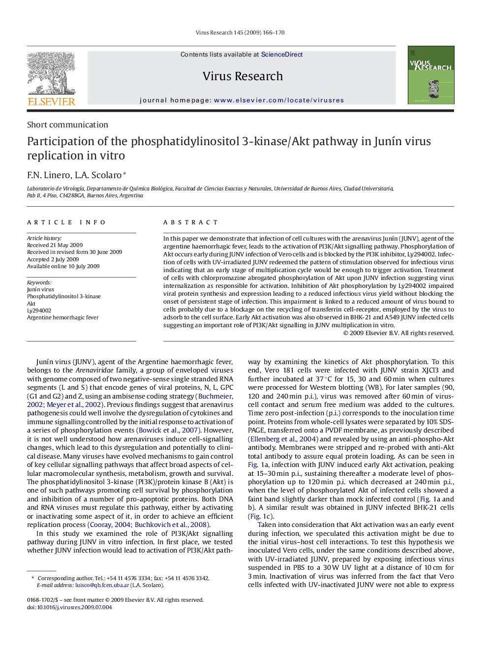 Participation of the phosphatidylinositol 3-kinase/Akt pathway in Junín virus replication in vitro