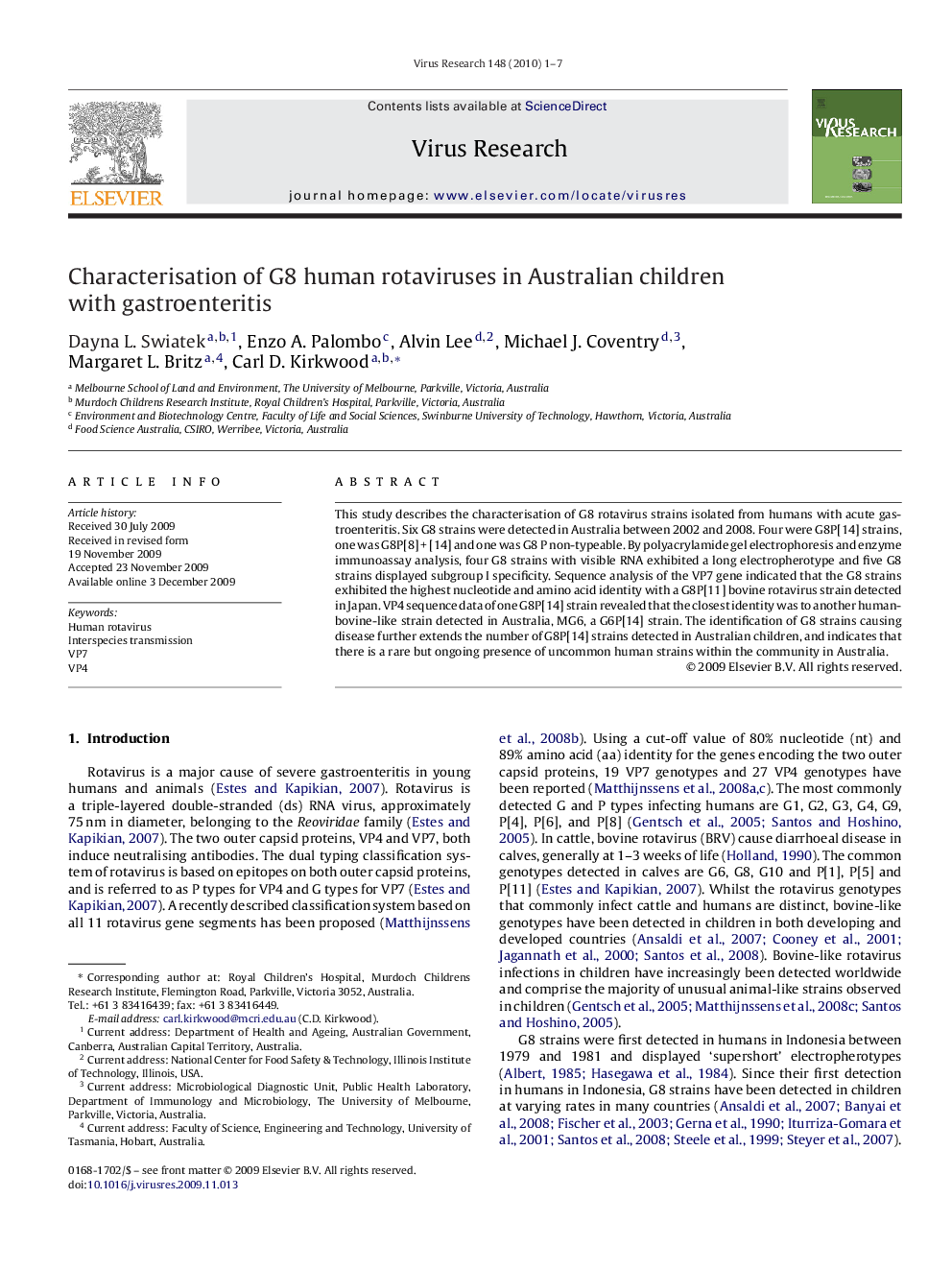 Characterisation of G8 human rotaviruses in Australian children with gastroenteritis