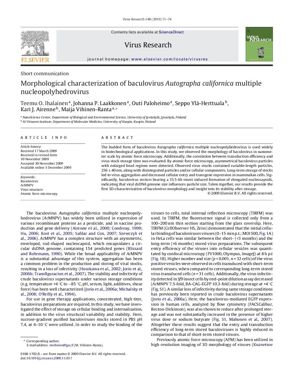 Morphological characterization of baculovirus Autographa californica multiple nucleopolyhedrovirus