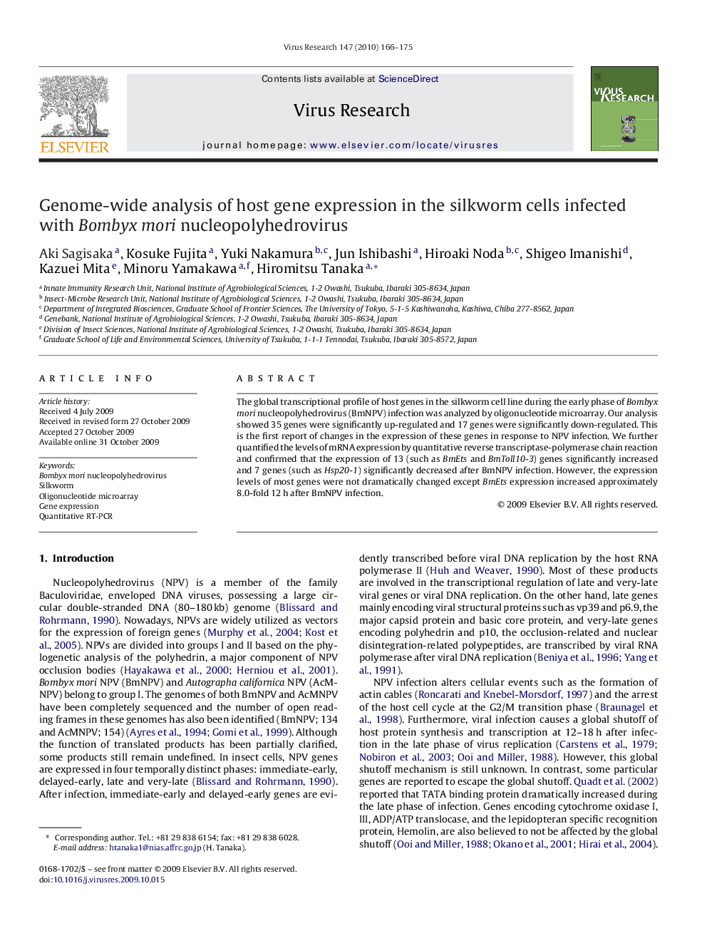 Genome-wide analysis of host gene expression in the silkworm cells infected with Bombyx mori nucleopolyhedrovirus