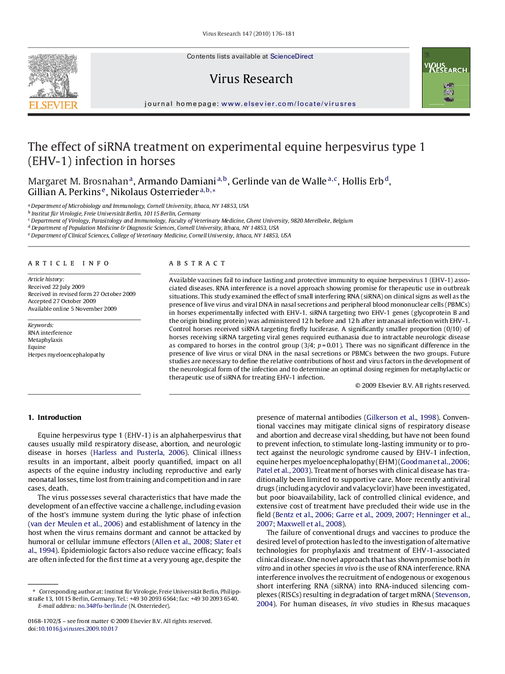 The effect of siRNA treatment on experimental equine herpesvirus type 1 (EHV-1) infection in horses