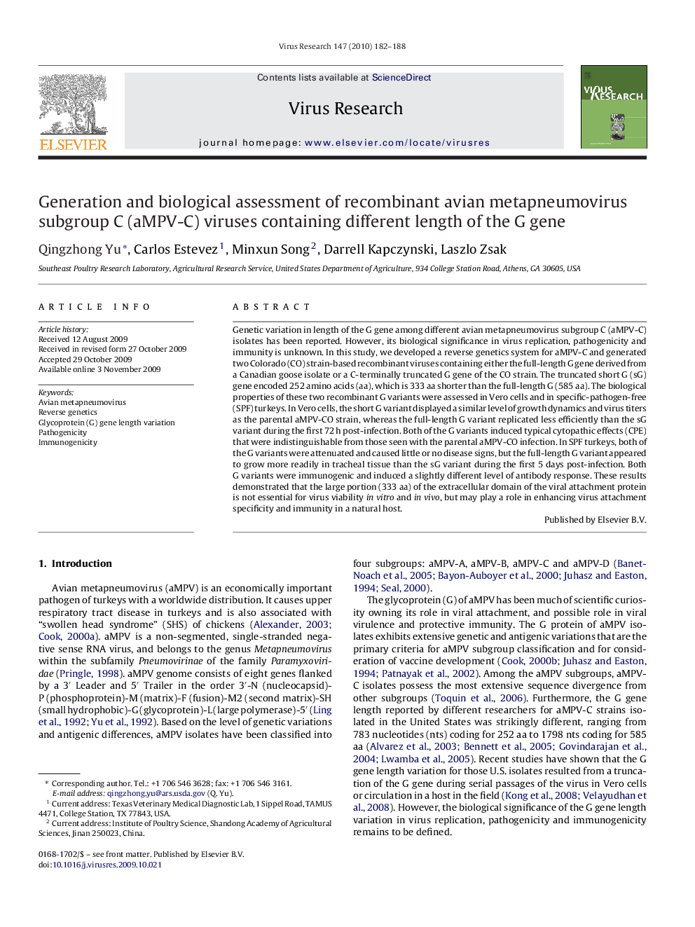 Generation and biological assessment of recombinant avian metapneumovirus subgroup C (aMPV-C) viruses containing different length of the G gene