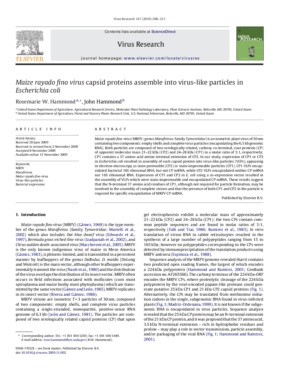 Maize rayado fino virus capsid proteins assemble into virus-like particles in Escherichia coli