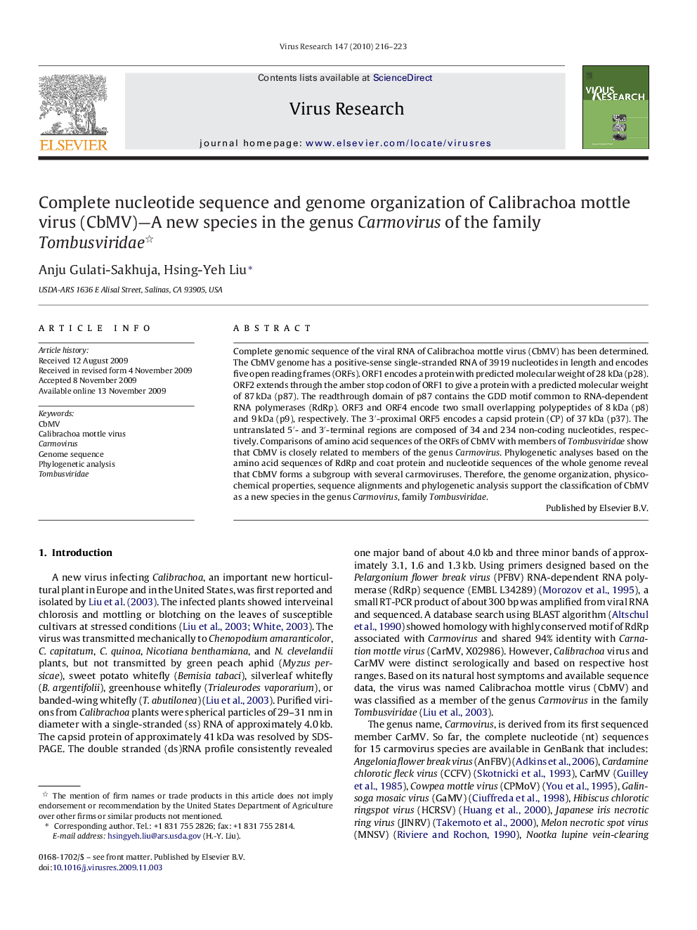 Complete nucleotide sequence and genome organization of Calibrachoa mottle virus (CbMV)—A new species in the genus Carmovirus of the family Tombusviridae 