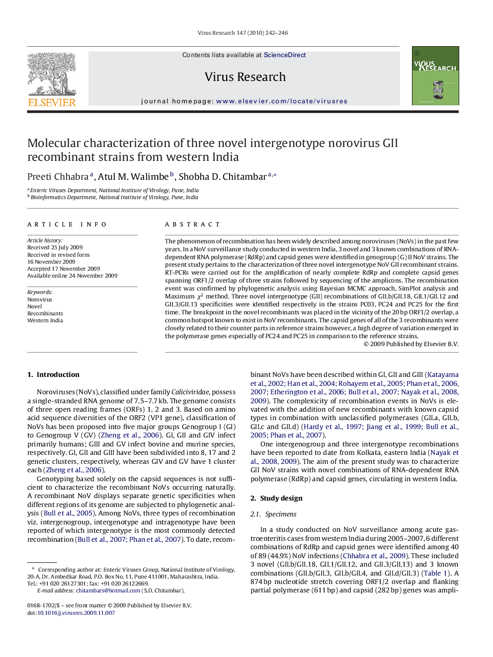 Molecular characterization of three novel intergenotype norovirus GII recombinant strains from western India