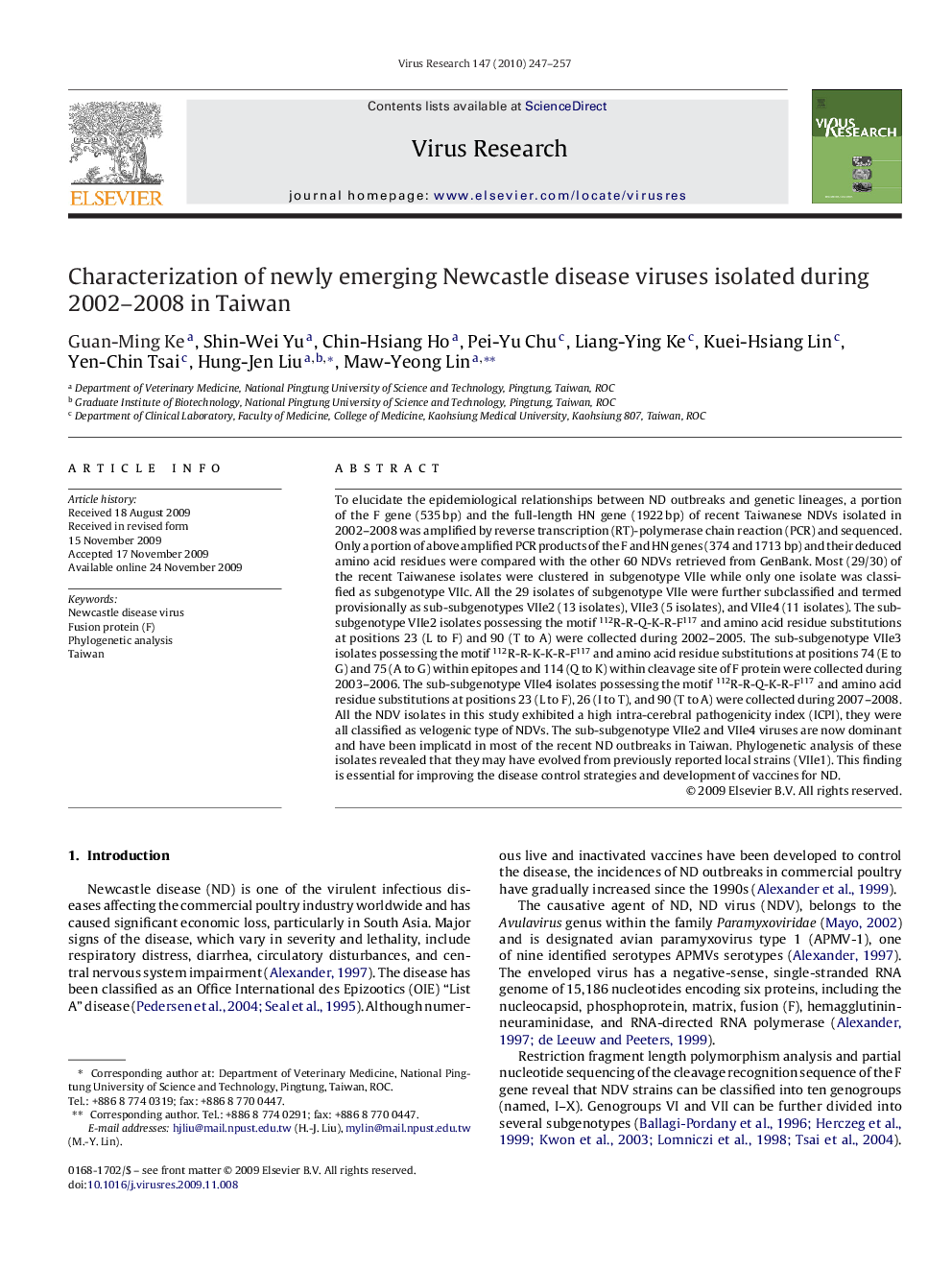 Characterization of newly emerging Newcastle disease viruses isolated during 2002–2008 in Taiwan