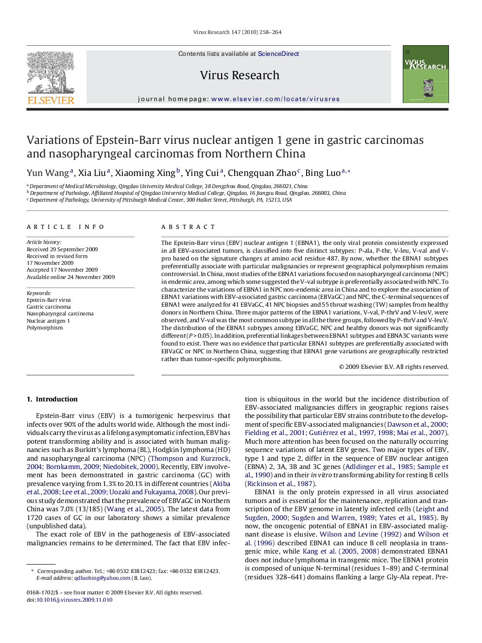 Variations of Epstein-Barr virus nuclear antigen 1 gene in gastric carcinomas and nasopharyngeal carcinomas from Northern China