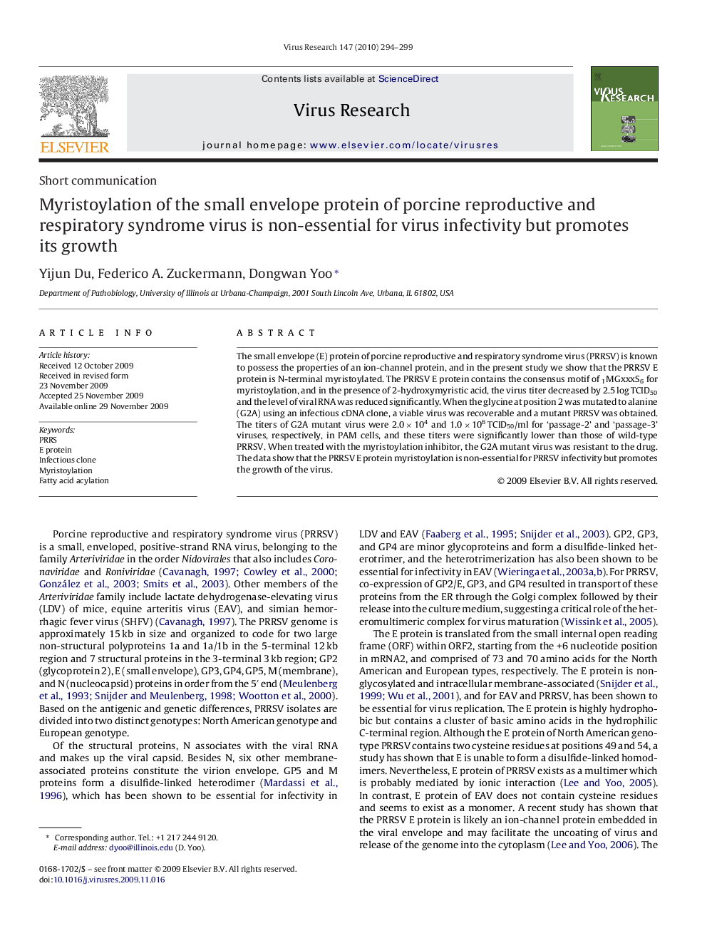 Myristoylation of the small envelope protein of porcine reproductive and respiratory syndrome virus is non-essential for virus infectivity but promotes its growth