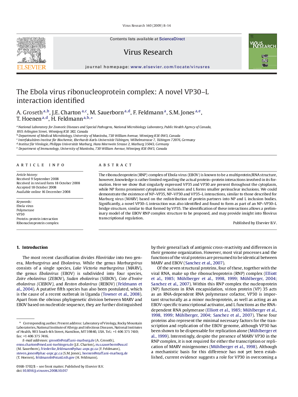 The Ebola virus ribonucleoprotein complex: A novel VP30–L interaction identified