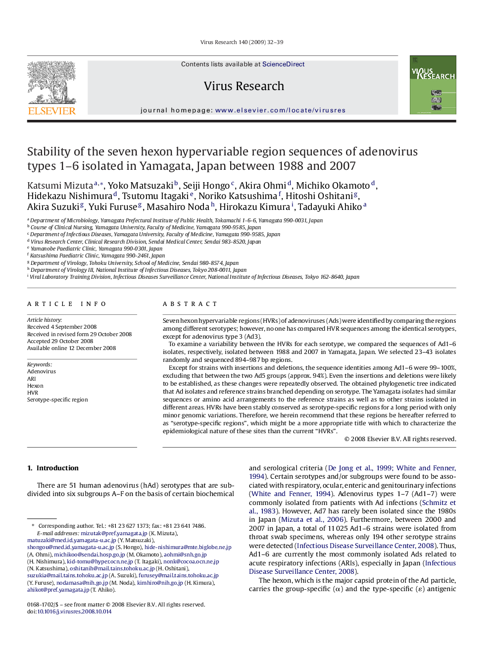 Stability of the seven hexon hypervariable region sequences of adenovirus types 1–6 isolated in Yamagata, Japan between 1988 and 2007