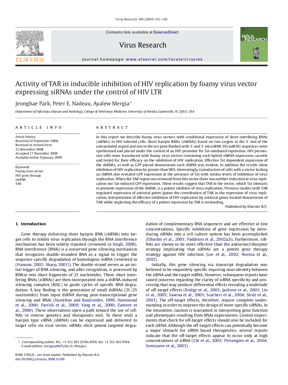 Activity of TAR in inducible inhibition of HIV replication by foamy virus vector expressing siRNAs under the control of HIV LTR