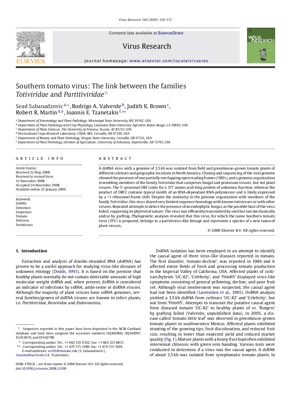 Southern tomato virus: The link between the families Totiviridae and Partitiviridae 