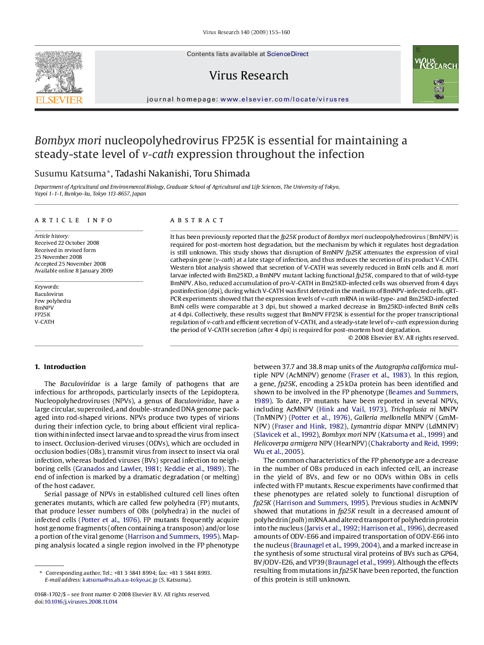 Bombyx mori nucleopolyhedrovirus FP25K is essential for maintaining a steady-state level of v-cath expression throughout the infection