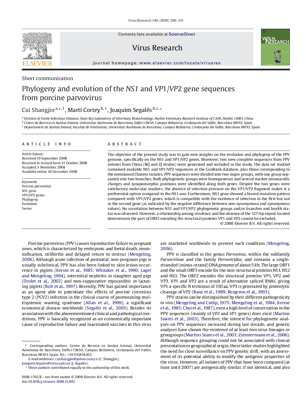 Phylogeny and evolution of the NS1 and VP1/VP2 gene sequences from porcine parvovirus