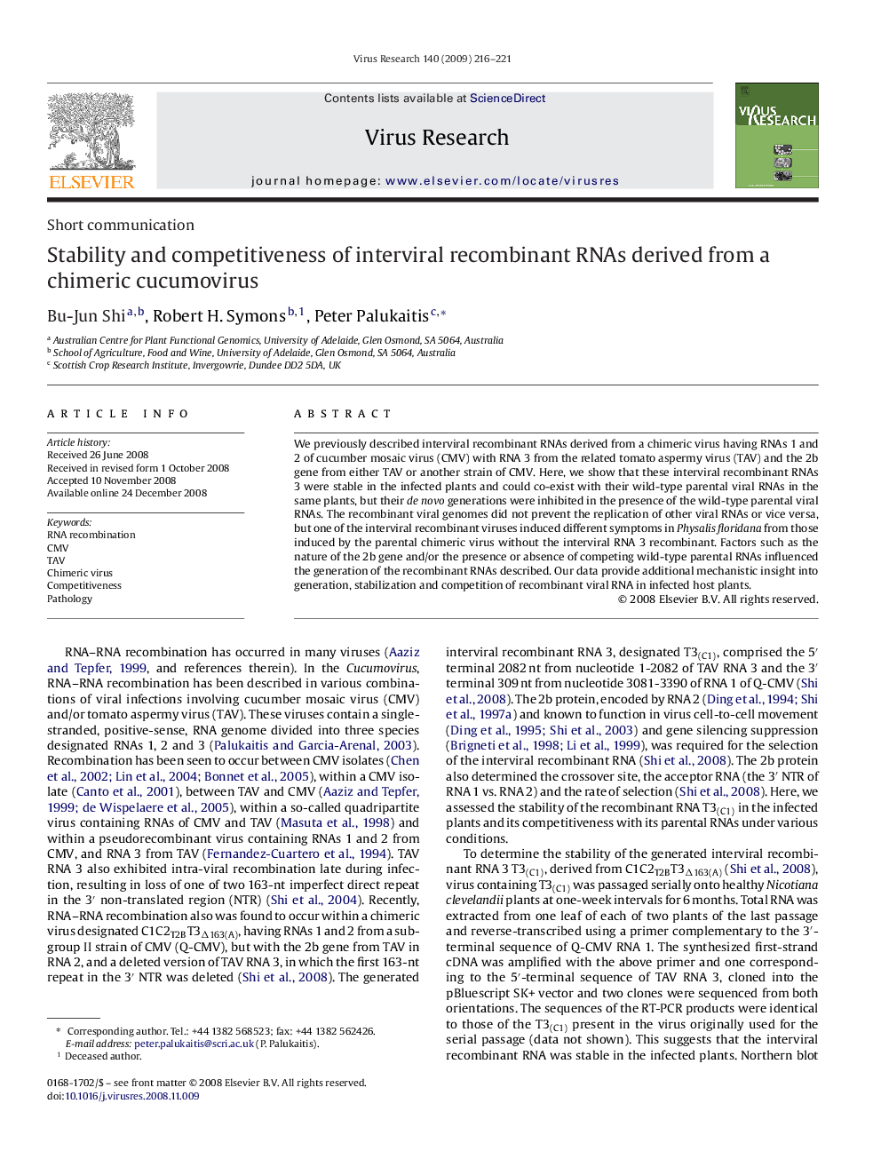 Stability and competitiveness of interviral recombinant RNAs derived from a chimeric cucumovirus