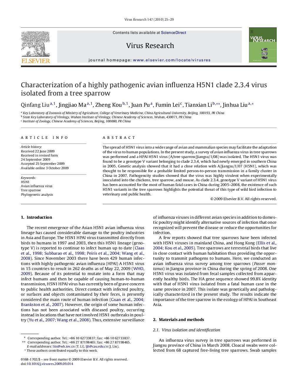 Characterization of a highly pathogenic avian influenza H5N1 clade 2.3.4 virus isolated from a tree sparrow