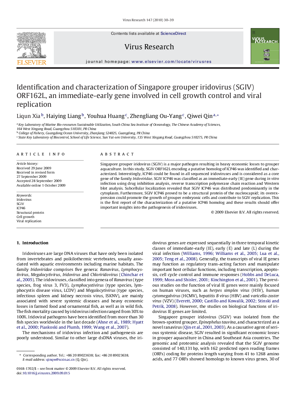 Identification and characterization of Singapore grouper iridovirus (SGIV) ORF162L, an immediate-early gene involved in cell growth control and viral replication