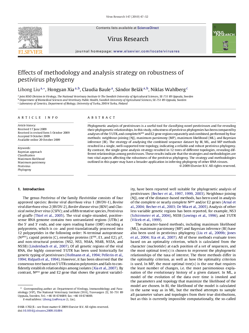 Effects of methodology and analysis strategy on robustness of pestivirus phylogeny