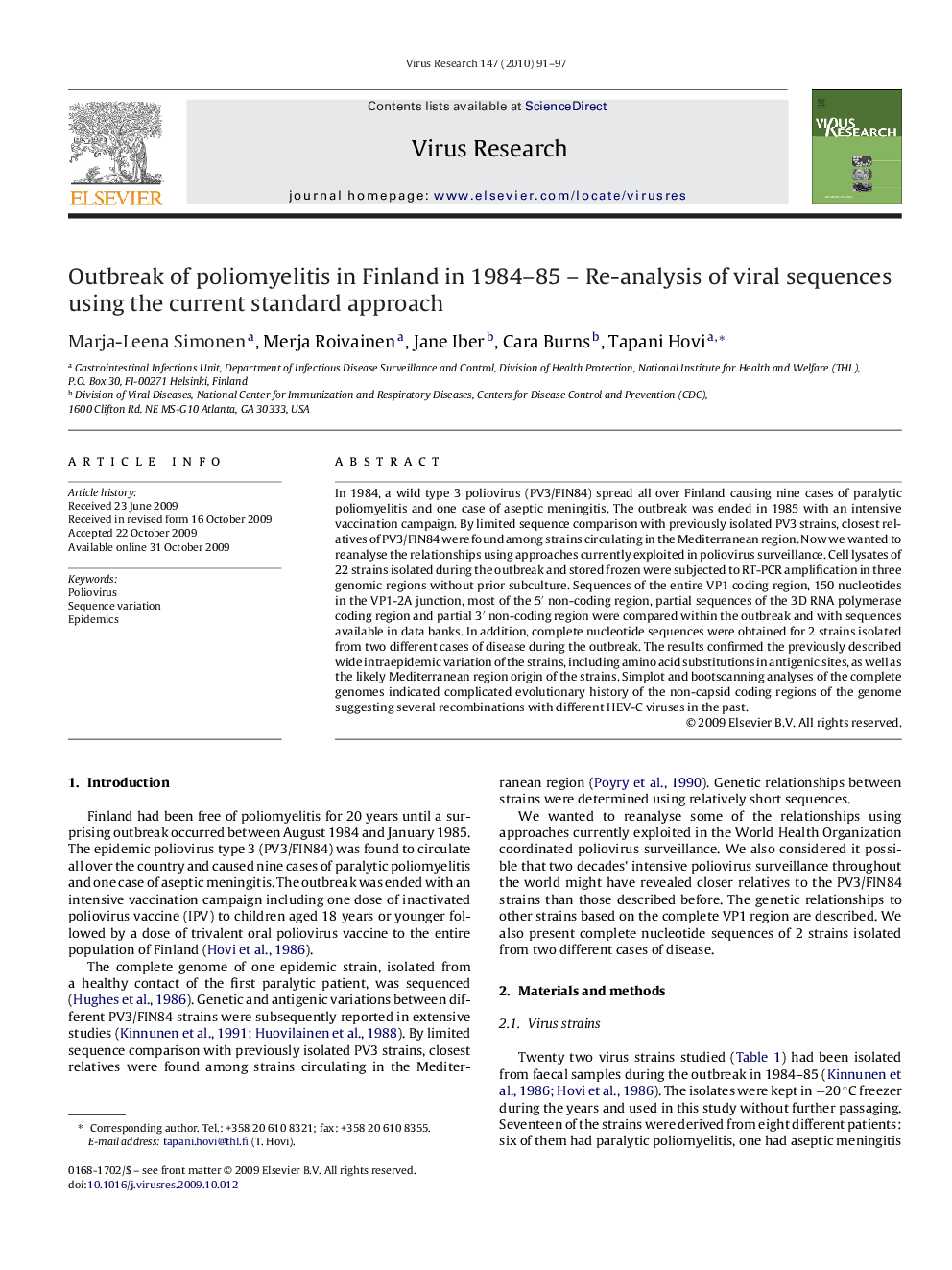 Outbreak of poliomyelitis in Finland in 1984–85 – Re-analysis of viral sequences using the current standard approach