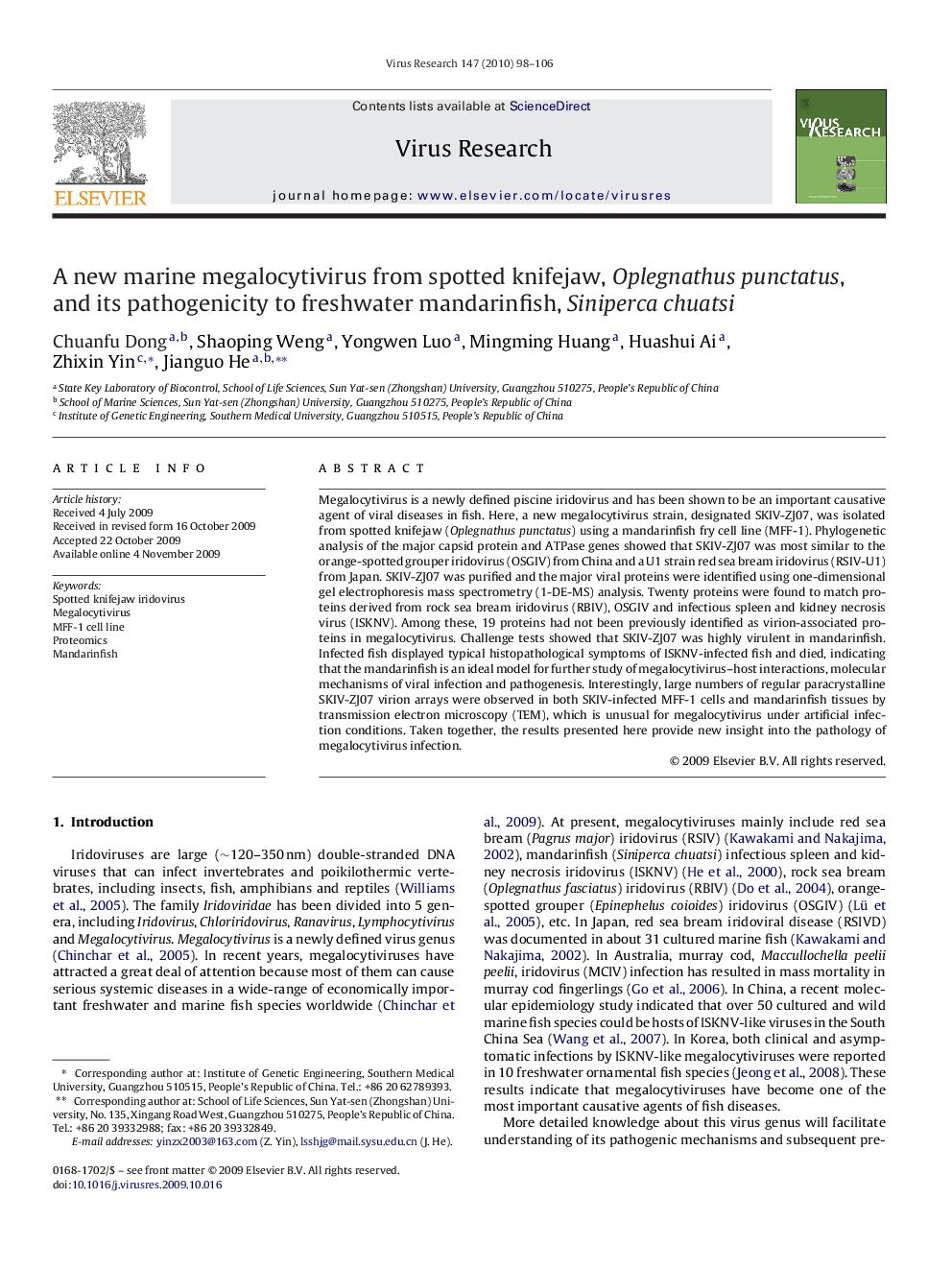 A new marine megalocytivirus from spotted knifejaw, Oplegnathus punctatus, and its pathogenicity to freshwater mandarinfish, Siniperca chuatsi