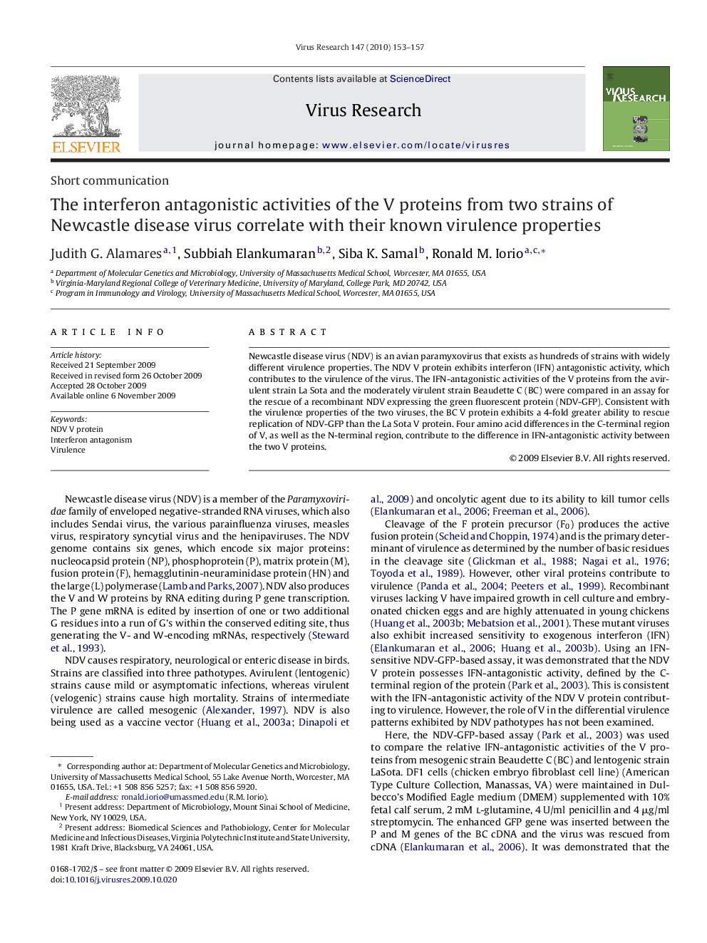 The interferon antagonistic activities of the V proteins from two strains of Newcastle disease virus correlate with their known virulence properties