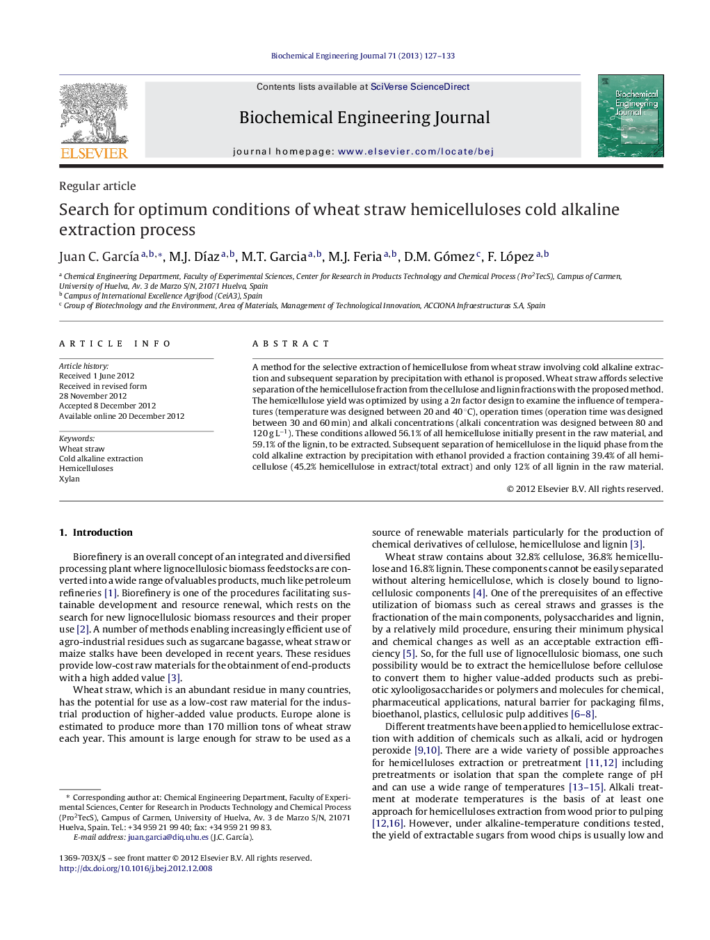 Search for optimum conditions of wheat straw hemicelluloses cold alkaline extraction process