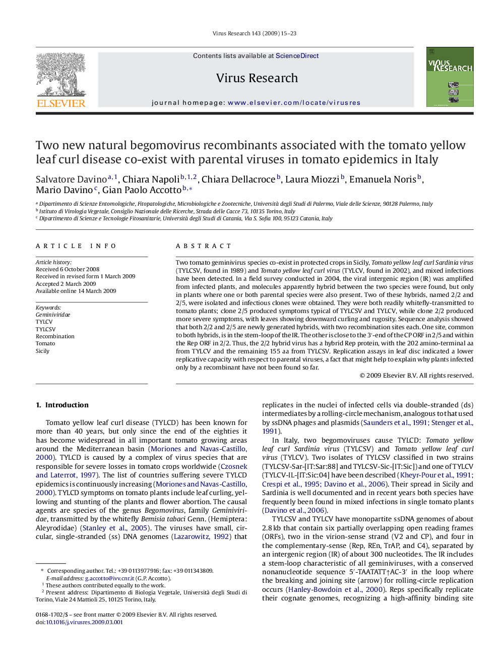 Two new natural begomovirus recombinants associated with the tomato yellow leaf curl disease co-exist with parental viruses in tomato epidemics in Italy