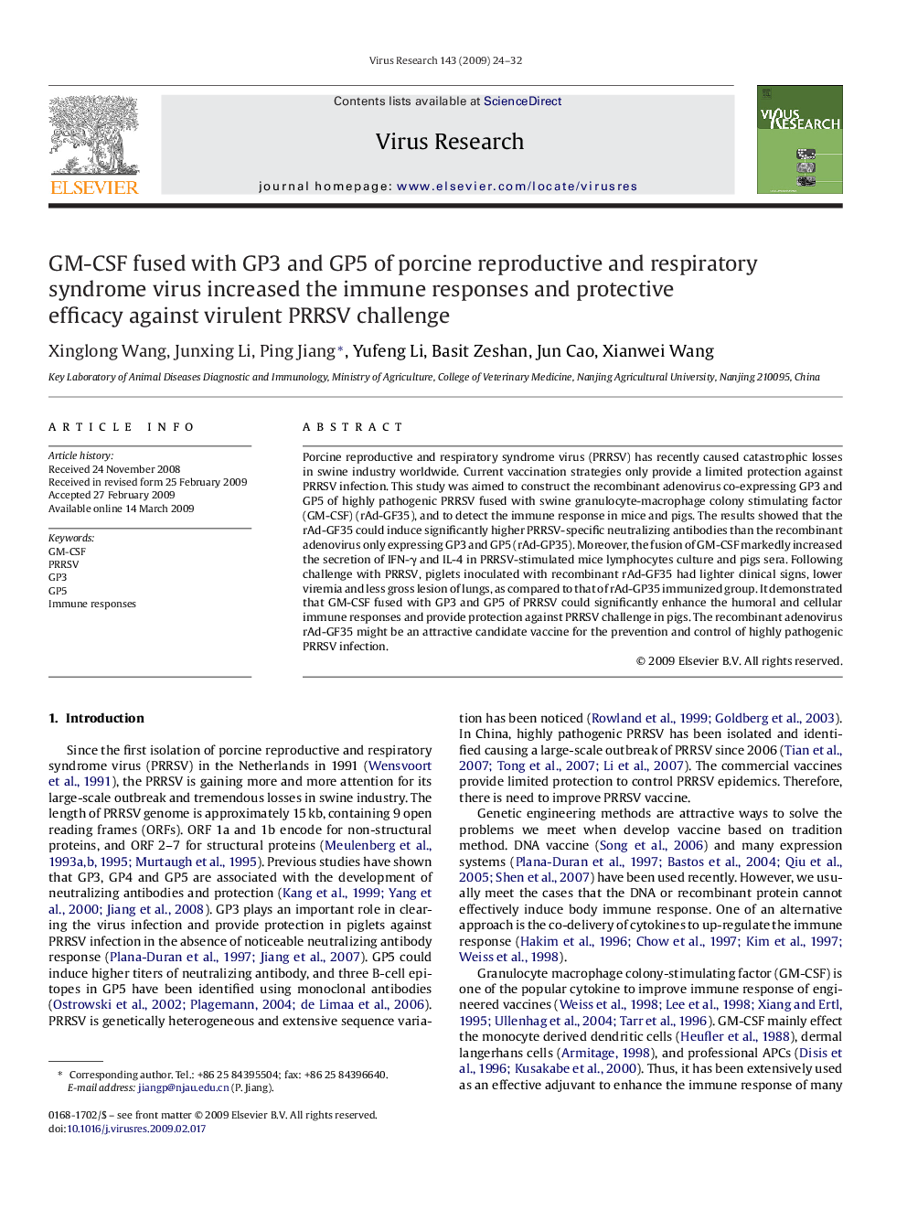 GM-CSF fused with GP3 and GP5 of porcine reproductive and respiratory syndrome virus increased the immune responses and protective efficacy against virulent PRRSV challenge