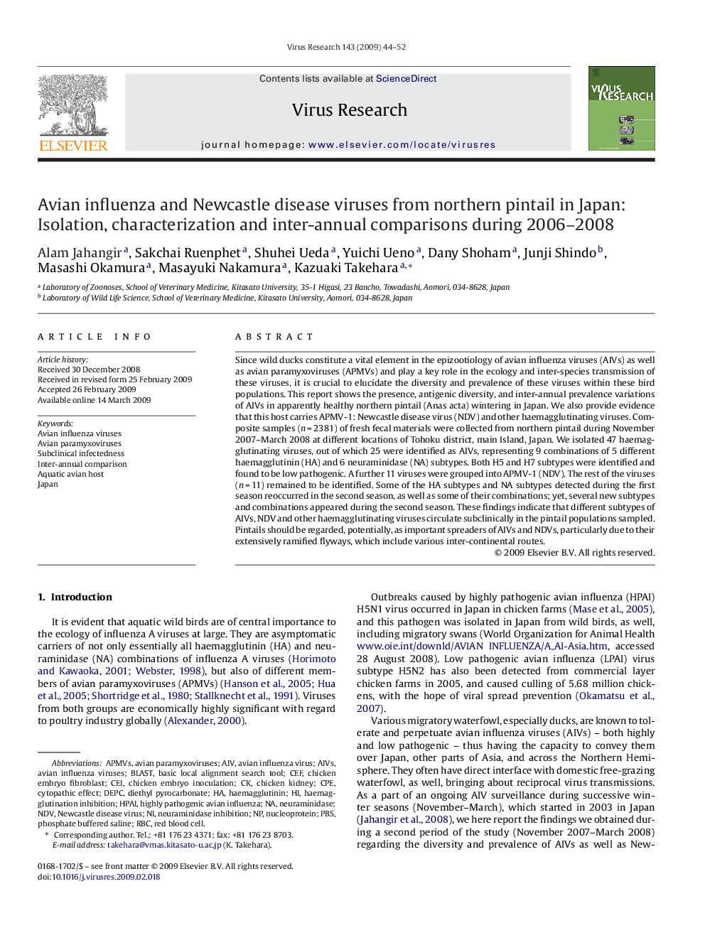 Avian influenza and Newcastle disease viruses from northern pintail in Japan: Isolation, characterization and inter-annual comparisons during 2006–2008