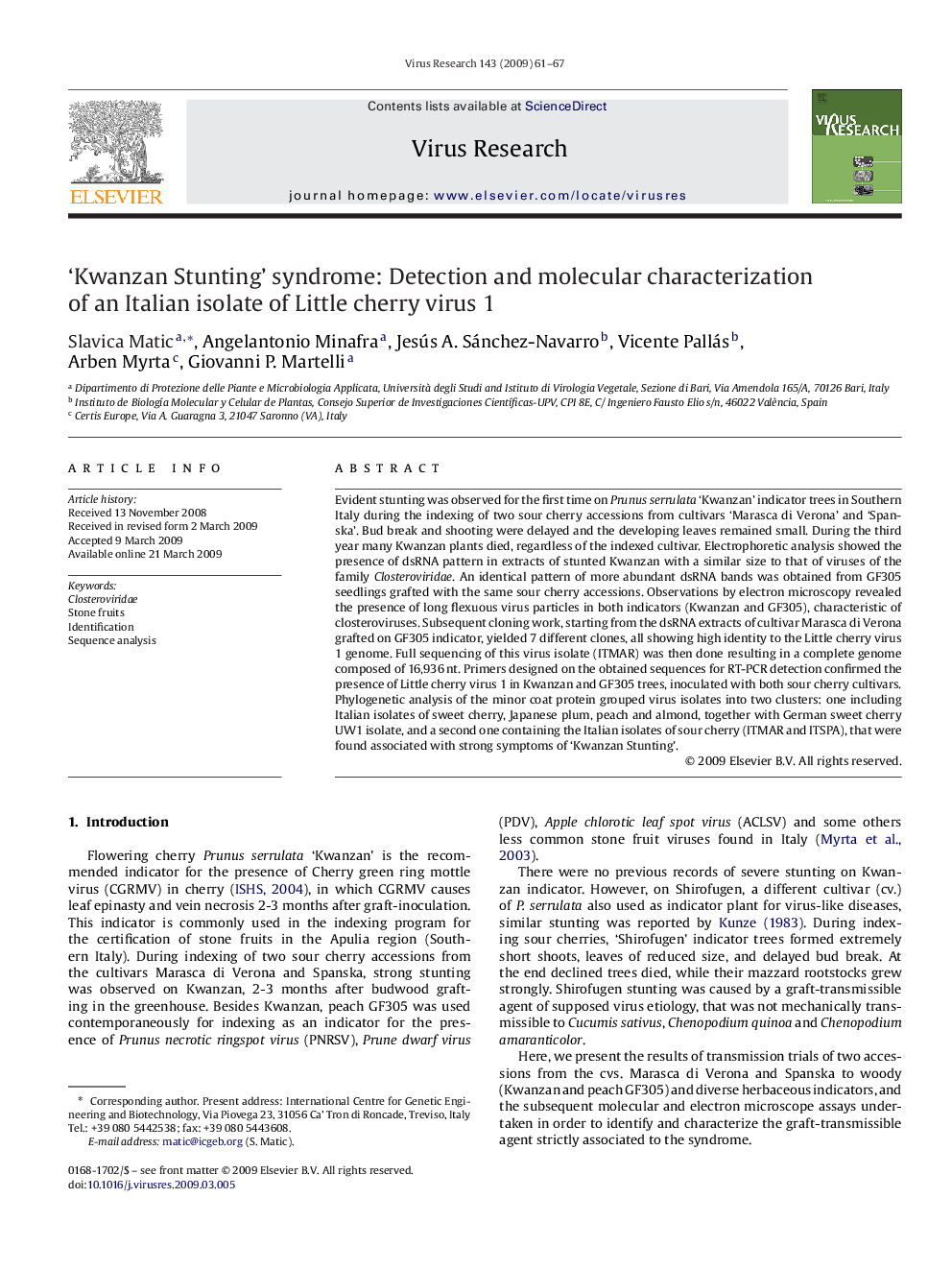 ‘Kwanzan Stunting’ syndrome: Detection and molecular characterization of an Italian isolate of Little cherry virus 1