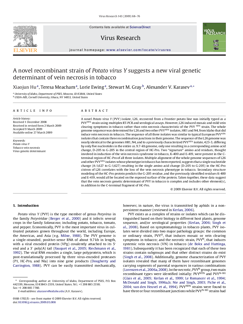 A novel recombinant strain of Potato virus Y suggests a new viral genetic determinant of vein necrosis in tobacco