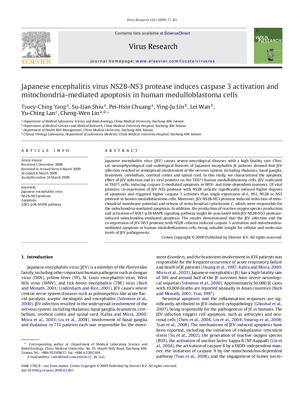 Japanese encephalitis virus NS2B-NS3 protease induces caspase 3 activation and mitochondria-mediated apoptosis in human medulloblastoma cells