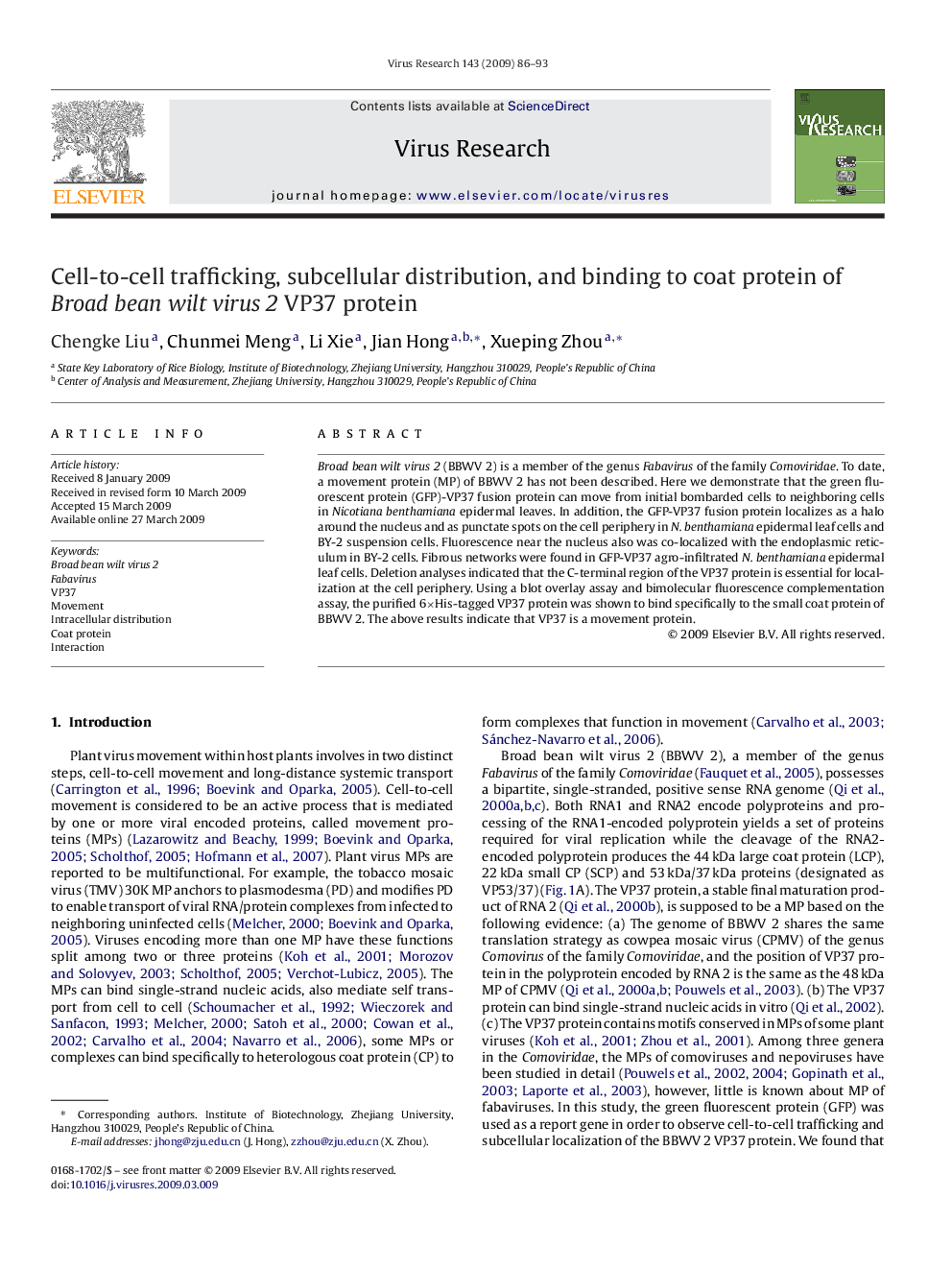 Cell-to-cell trafficking, subcellular distribution, and binding to coat protein of Broad bean wilt virus 2 VP37 protein