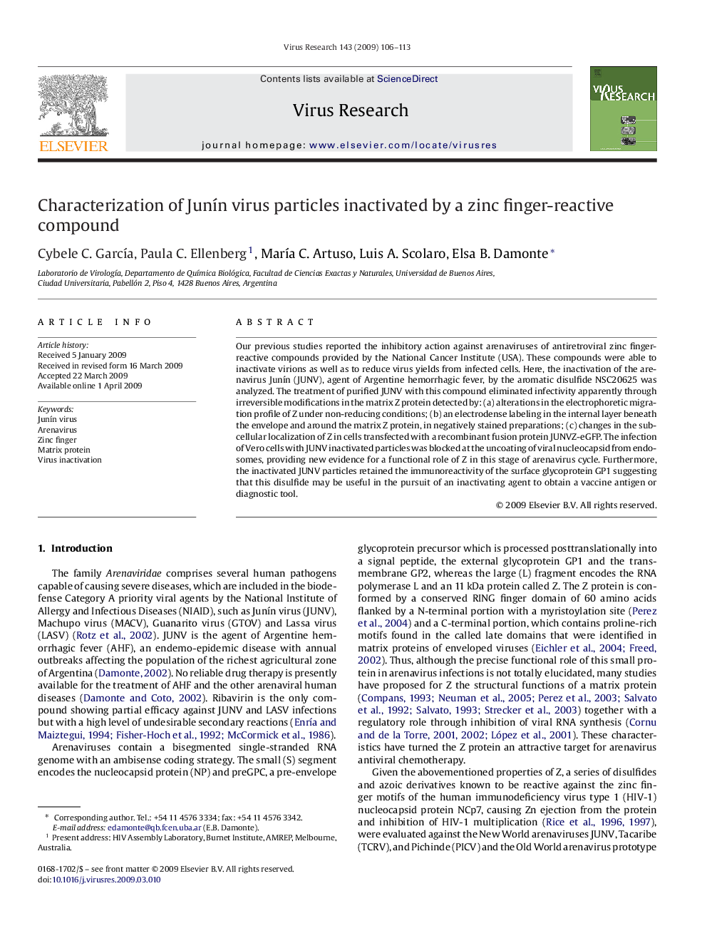 Characterization of Junín virus particles inactivated by a zinc finger-reactive compound