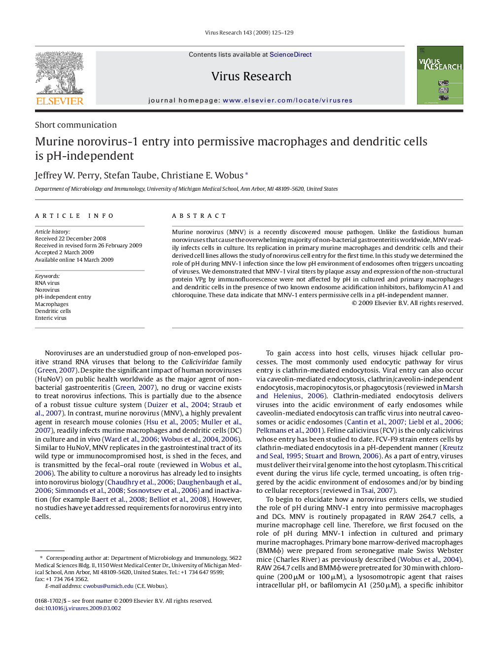 Murine norovirus-1 entry into permissive macrophages and dendritic cells is pH-independent