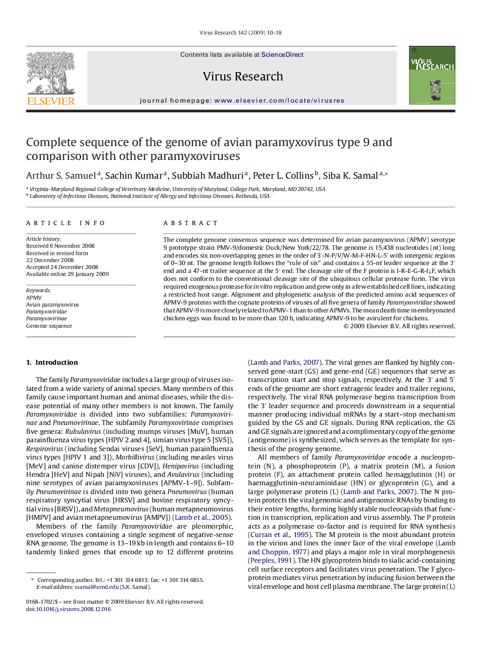 Complete sequence of the genome of avian paramyxovirus type 9 and comparison with other paramyxoviruses