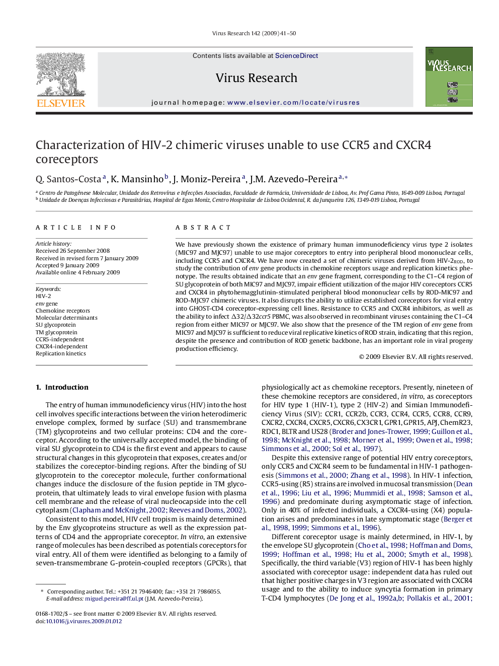 Characterization of HIV-2 chimeric viruses unable to use CCR5 and CXCR4 coreceptors