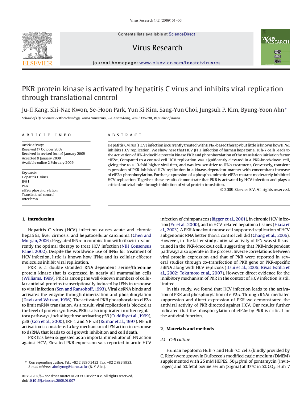 PKR protein kinase is activated by hepatitis C virus and inhibits viral replication through translational control