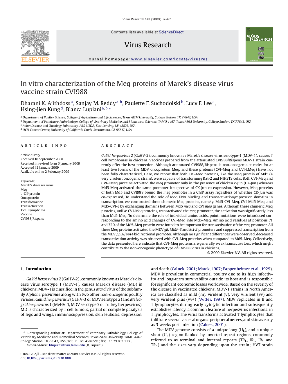 In vitro characterization of the Meq proteins of Marek's disease virus vaccine strain CVI988