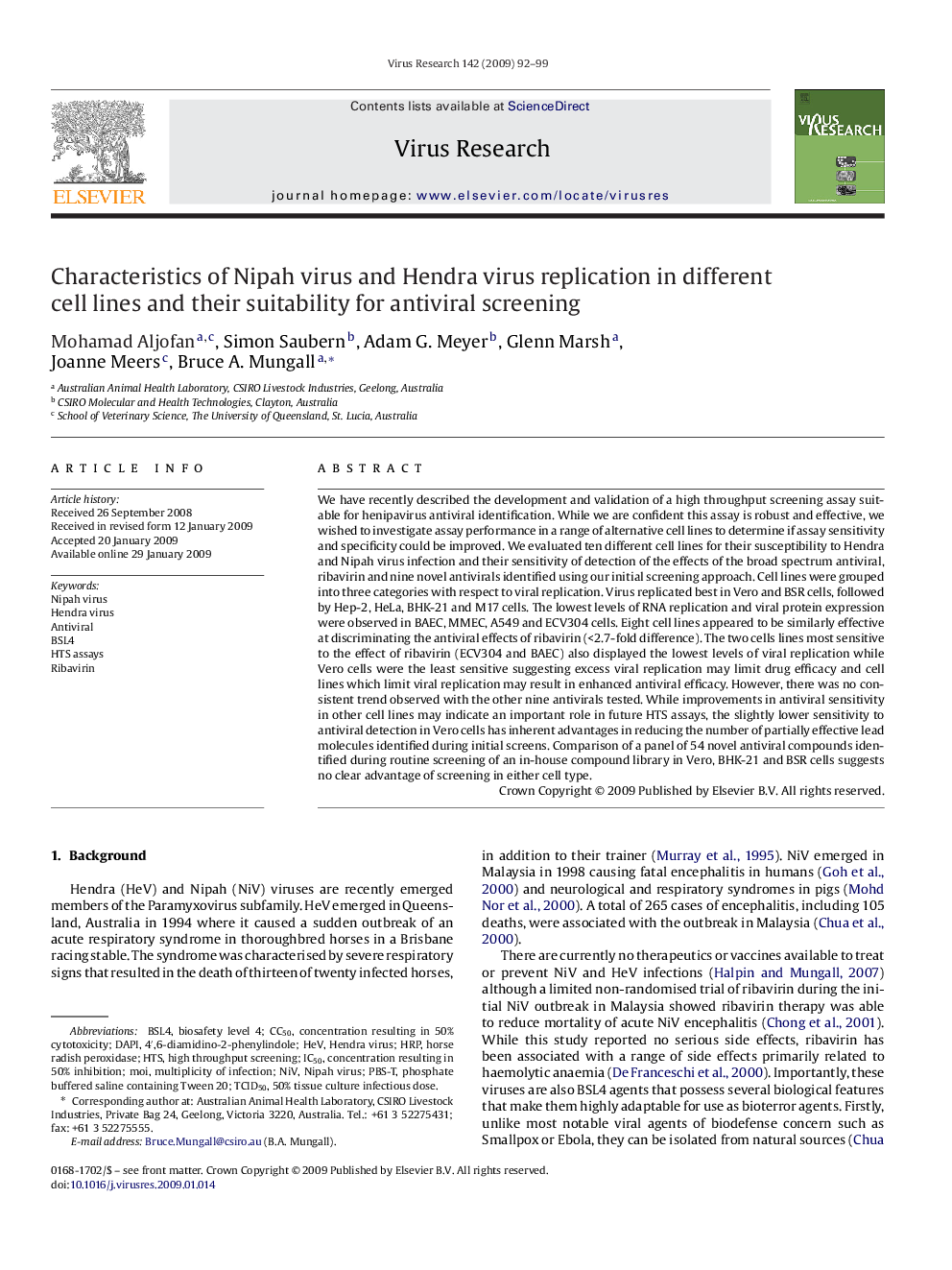 Characteristics of Nipah virus and Hendra virus replication in different cell lines and their suitability for antiviral screening