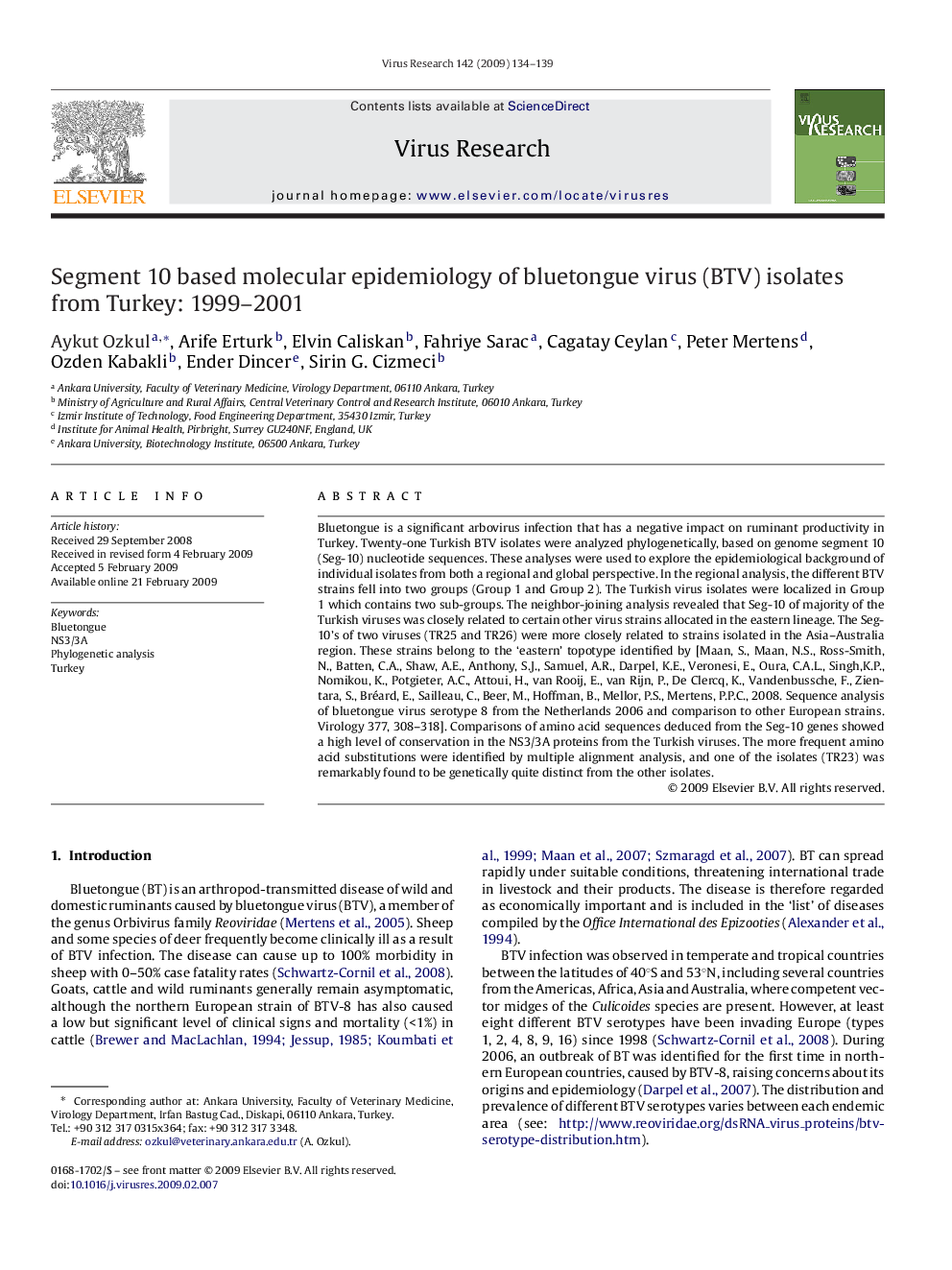 Segment 10 based molecular epidemiology of bluetongue virus (BTV) isolates from Turkey: 1999–2001