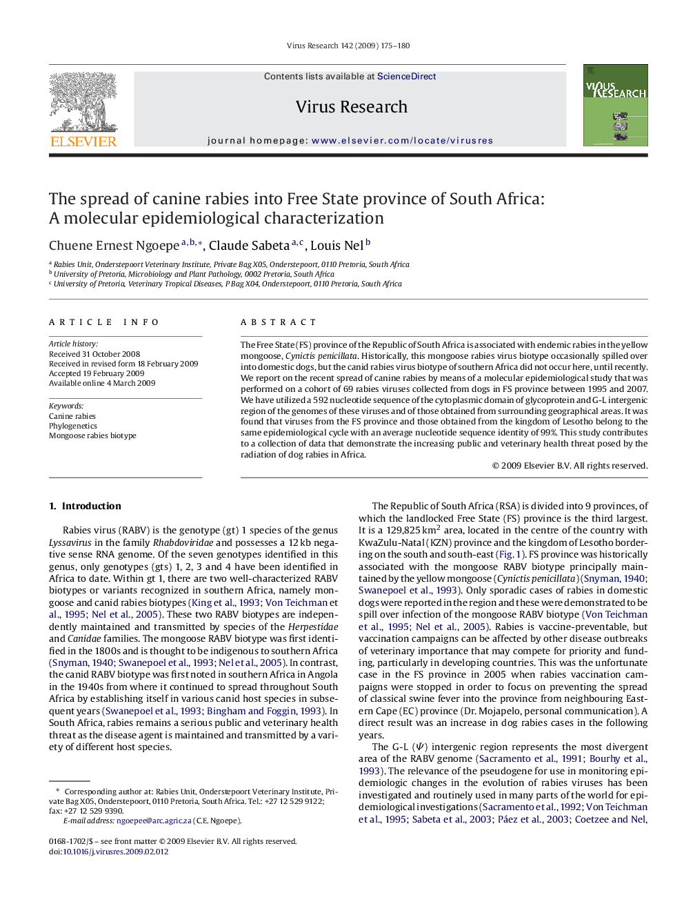 The spread of canine rabies into Free State province of South Africa: A molecular epidemiological characterization