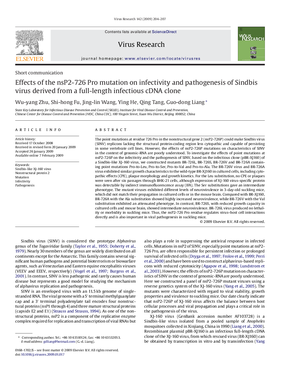 Effects of the nsP2-726 Pro mutation on infectivity and pathogenesis of Sindbis virus derived from a full-length infectious cDNA clone