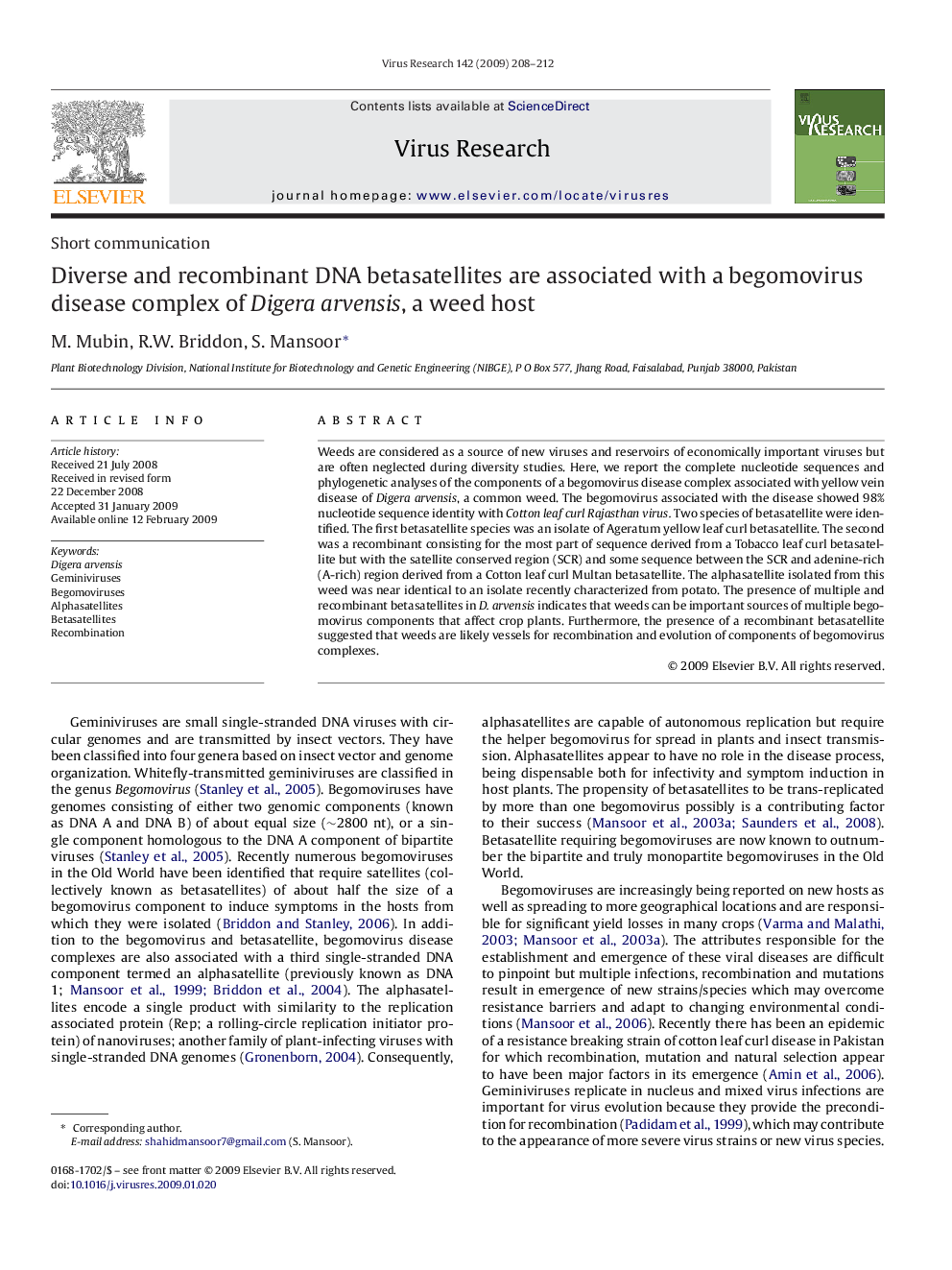 Diverse and recombinant DNA betasatellites are associated with a begomovirus disease complex of Digera arvensis, a weed host