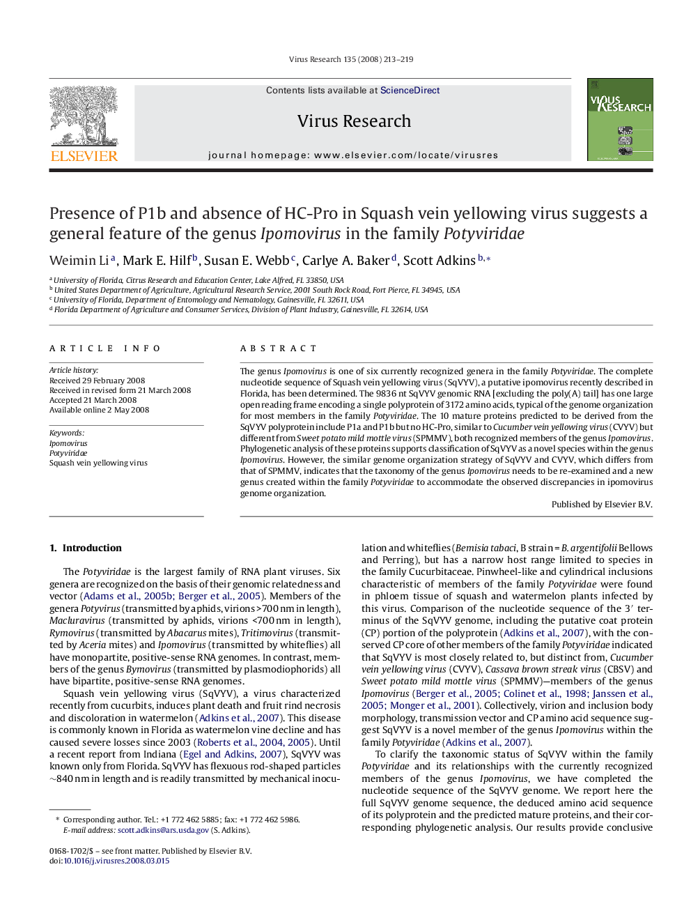 Presence of P1b and absence of HC-Pro in Squash vein yellowing virus suggests a general feature of the genus Ipomovirus in the family Potyviridae