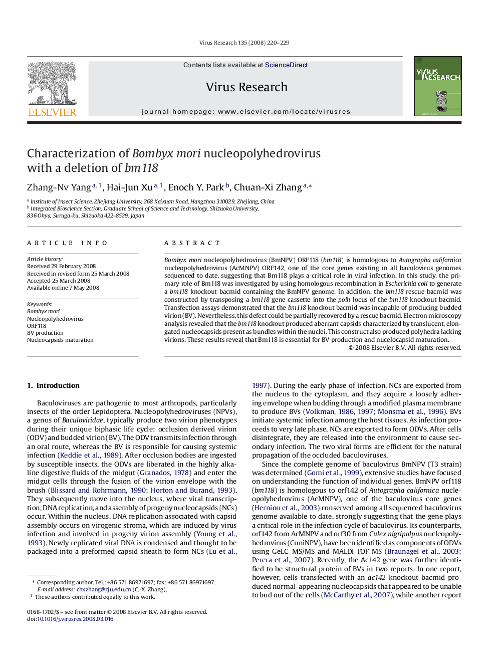 Characterization of Bombyx mori nucleopolyhedrovirus with a deletion of bm118