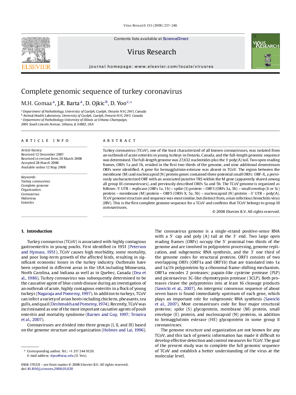 Complete genomic sequence of turkey coronavirus