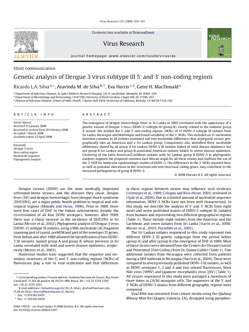 Genetic analysis of Dengue 3 virus subtype III 5′ and 3′ non-coding regions