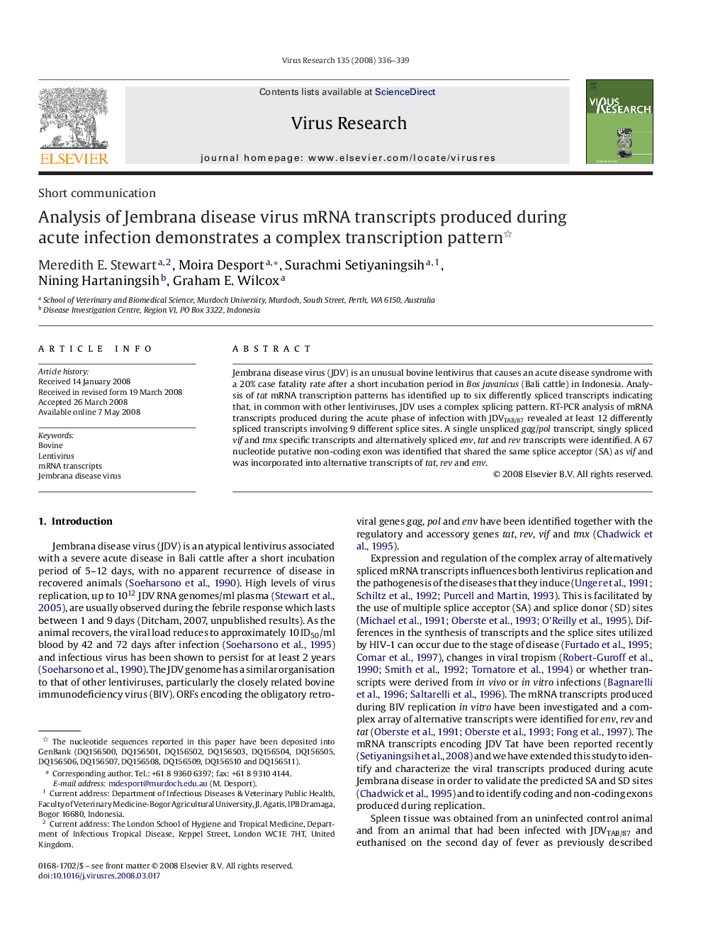 Analysis of Jembrana disease virus mRNA transcripts produced during acute infection demonstrates a complex transcription pattern 