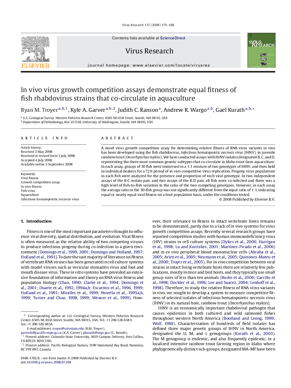 In vivo virus growth competition assays demonstrate equal fitness of fish rhabdovirus strains that co-circulate in aquaculture